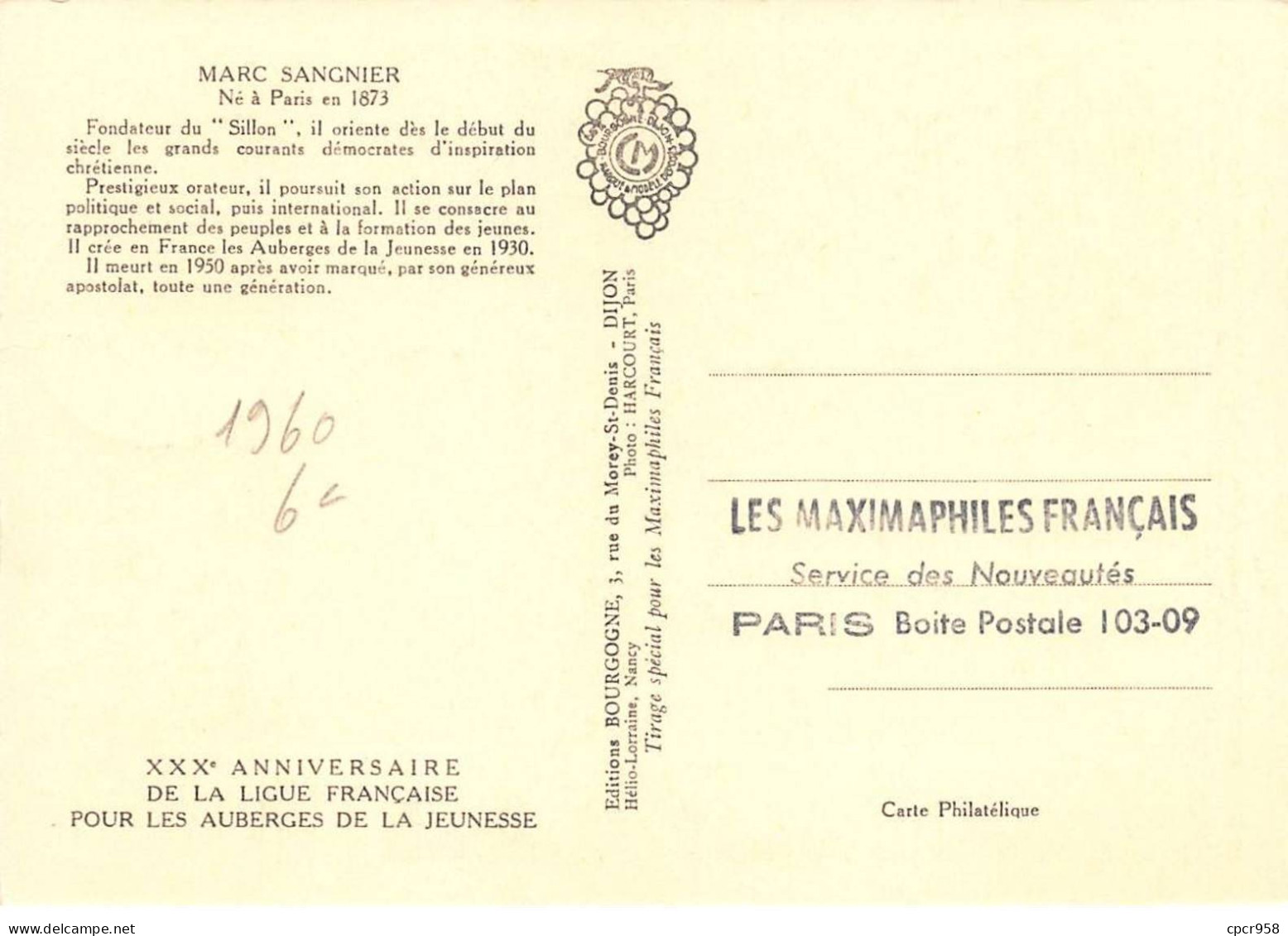 FRANCE.Carte Maximum.AM13862.05/11/1960.Cachet Paris.Marc Sangnier (1873-1950) - 1960-1969