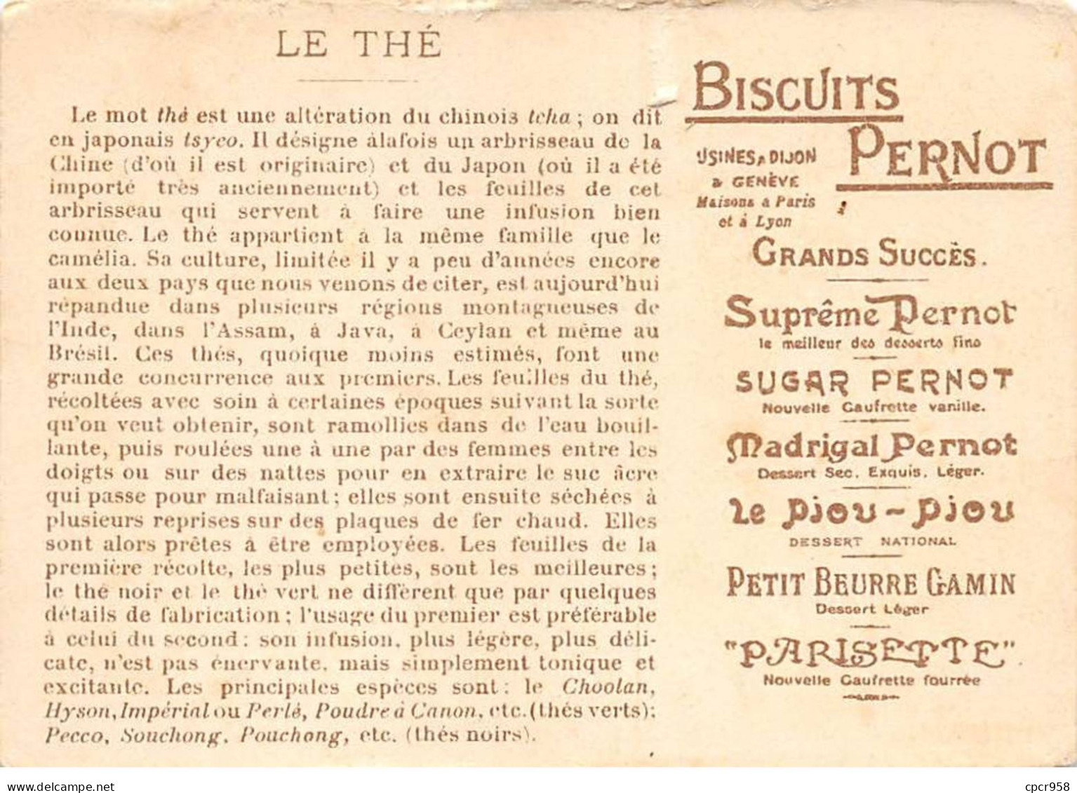 Chromos - COR15069 - Biscuits Pernot - Homme - Femme - Récolte Du Thé - 12x8 Cm Environ - Pernot