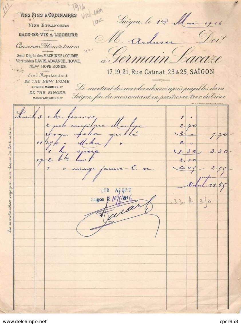 Facture.AM20117.Vietnam.Saigon.1916.Germain Lacaze.Vins.Eaux De Vie.Liqueur.Conserve Alimentaire - Otros & Sin Clasificación