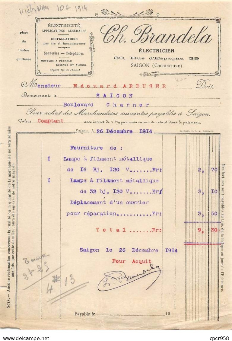 Facture.AM20121.Vietnam.Saigon.1914.Ch Brandela.Electricien - Andere & Zonder Classificatie