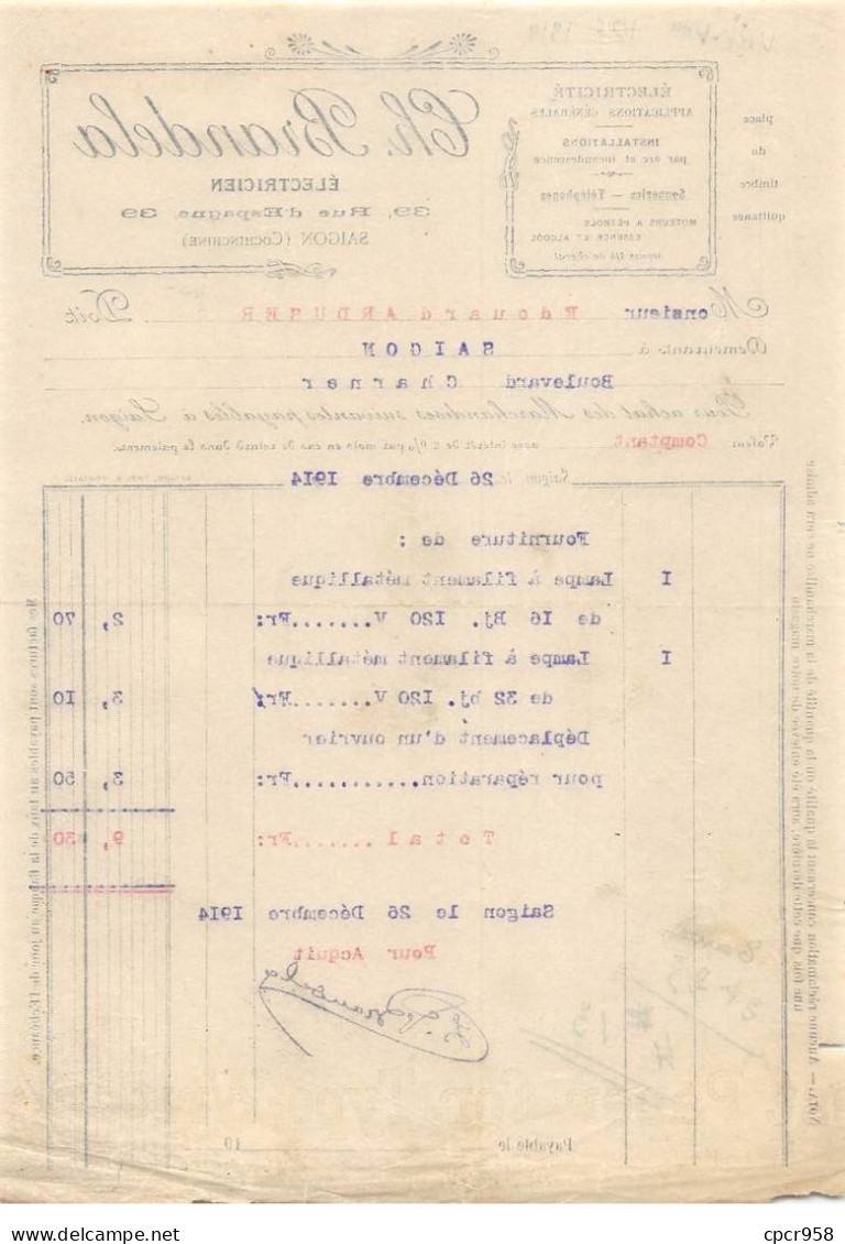Facture.AM20121.Vietnam.Saigon.1914.Ch Brandela.Electricien - Sonstige & Ohne Zuordnung