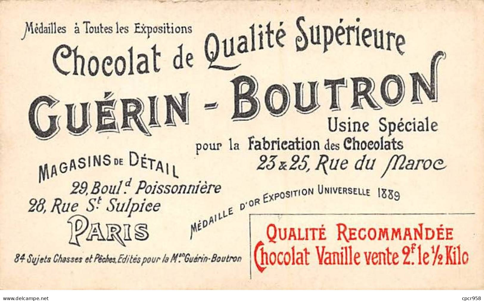 Chromos -COR10610 - Chocolat Guérin-Boutron- Chasses Et Pêches- Guanaco - Chasseur - 6x10 Cm Env. - Guerin Boutron