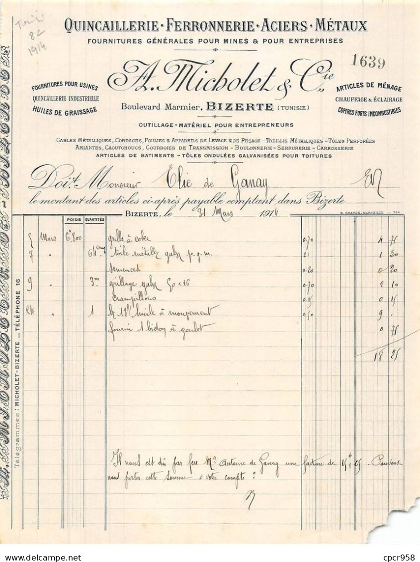 Facture.AM20088.Tunisie.Bizerte.1914.Micholet & Cie.Quincaillerie.Ferronnerie.Acier.Métaux - Andere & Zonder Classificatie