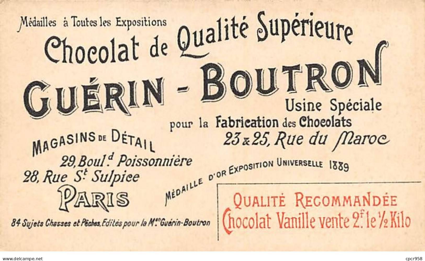 Chromos -COR10605 - Chocolat Guérin-Boutron- Chasses Et Pêches-Sanglier-Chevaux -Chiens- Chasseurs- 6x10 Cm Env. - Guérin-Boutron