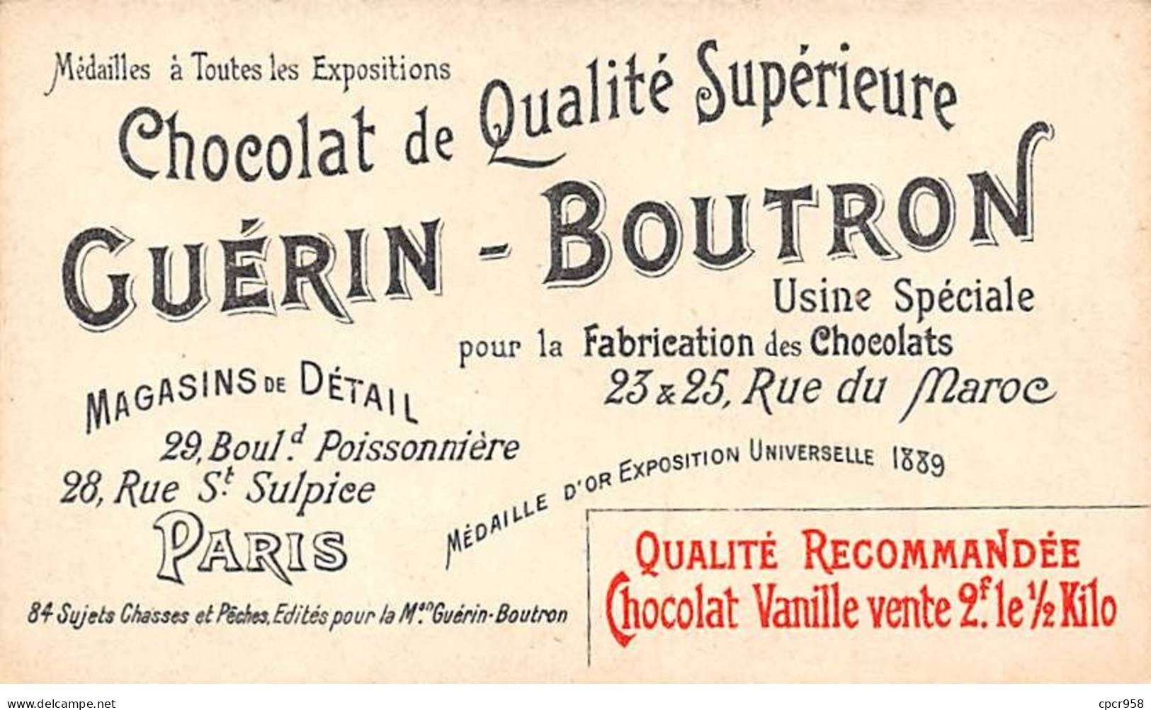 Chromos -COR10601 - Chocolat Guérin-Boutron- Chasses Et Pêches- Rhinocéros -Chasseurs - 6x10 Cm Env. - Guerin Boutron