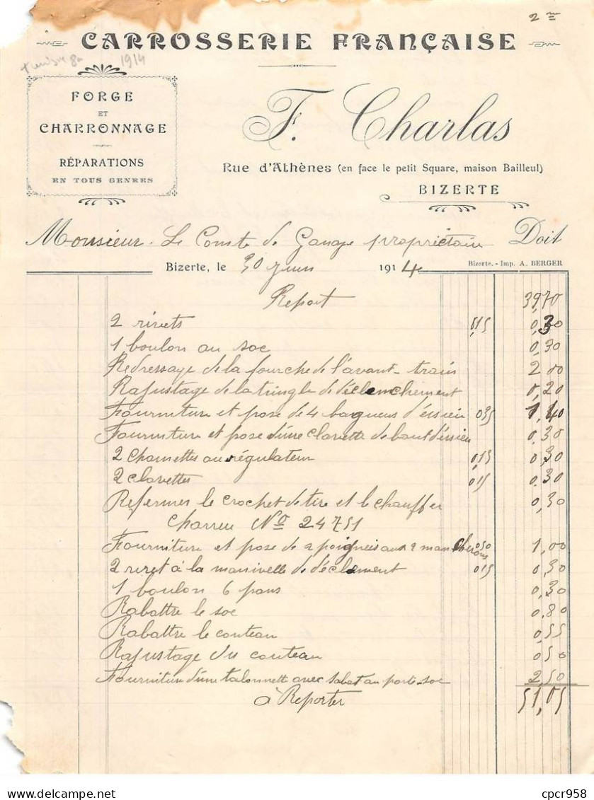 Facture.AM20087.Tunisie.Bizerte.1914.F Charlas.Carrosserie Française.Forge.Charronnage.Réparations - Sonstige & Ohne Zuordnung