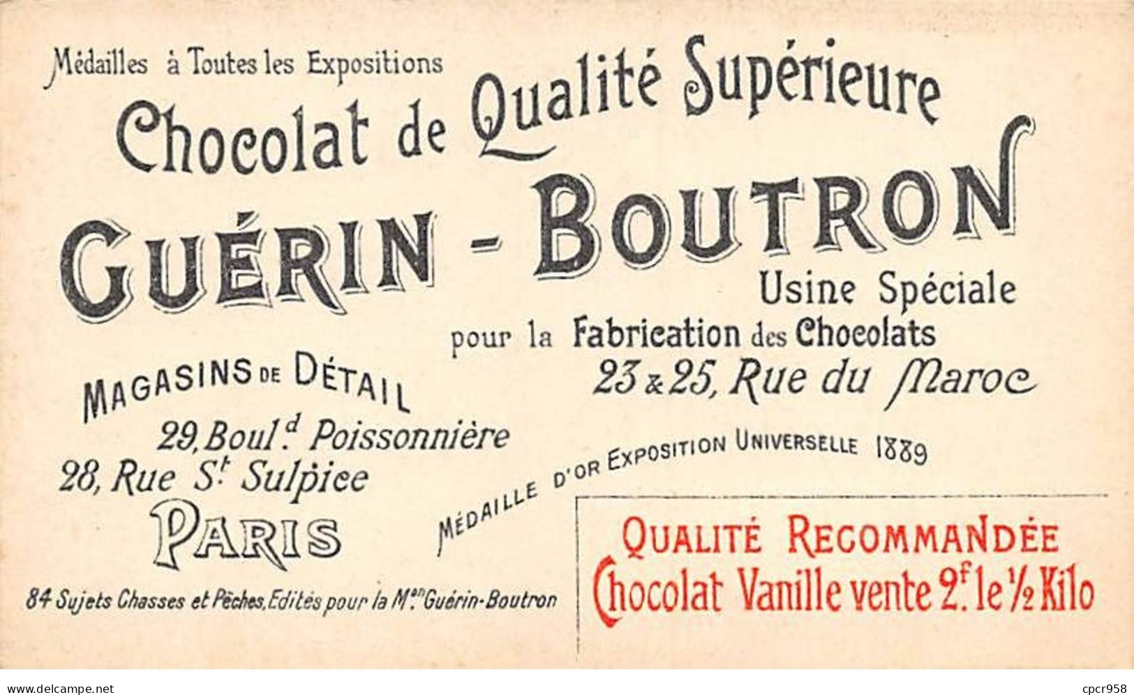 Chromos -COR10599 - Chocolat Guérin-Boutron- Chasses Et Pêches- Loutre -Chasseur - 6x10 Cm Env. - Guerin Boutron