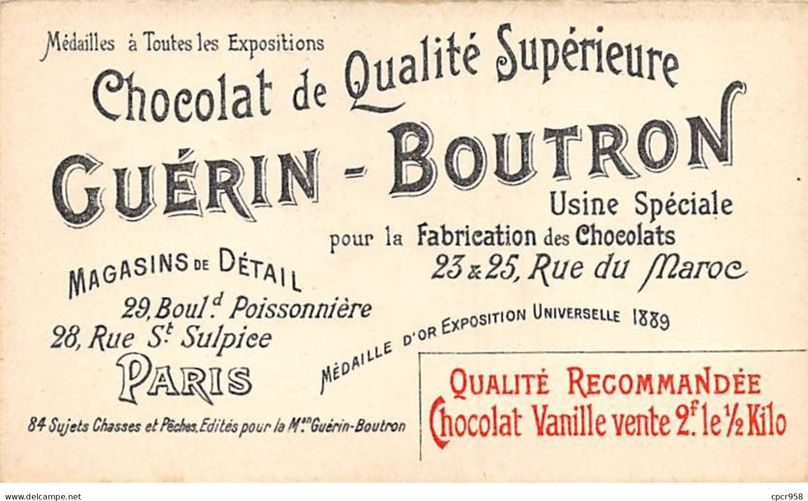 Chromos -COR10597 - Chocolat Guérin-Boutron- Chasses Et Pêches-Sanglier- Chiens -Chasseur  - 6x10 Cm Env. - Guérin-Boutron