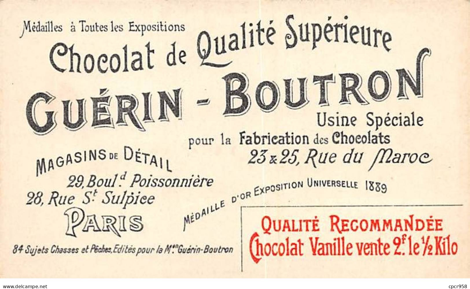 Chromos -COR10587 - Chocolat Guérin-Boutron- Chasses Et Pêches-Cailles- Chiens -Chasseurs  - 6x10 Cm Env. - Guérin-Boutron