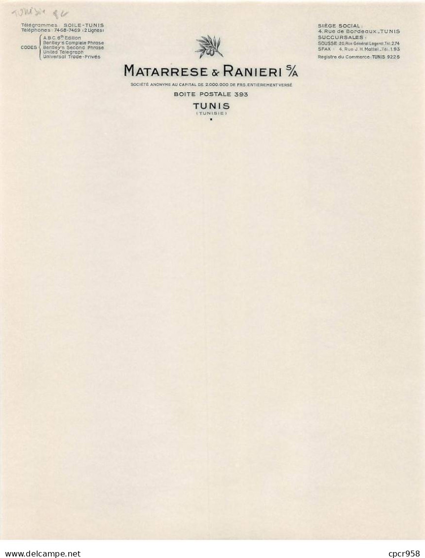 Facture.AM20078.Tunisie.Tunis.1900 Environ.Matarrese & Ranieri S/a - Andere & Zonder Classificatie