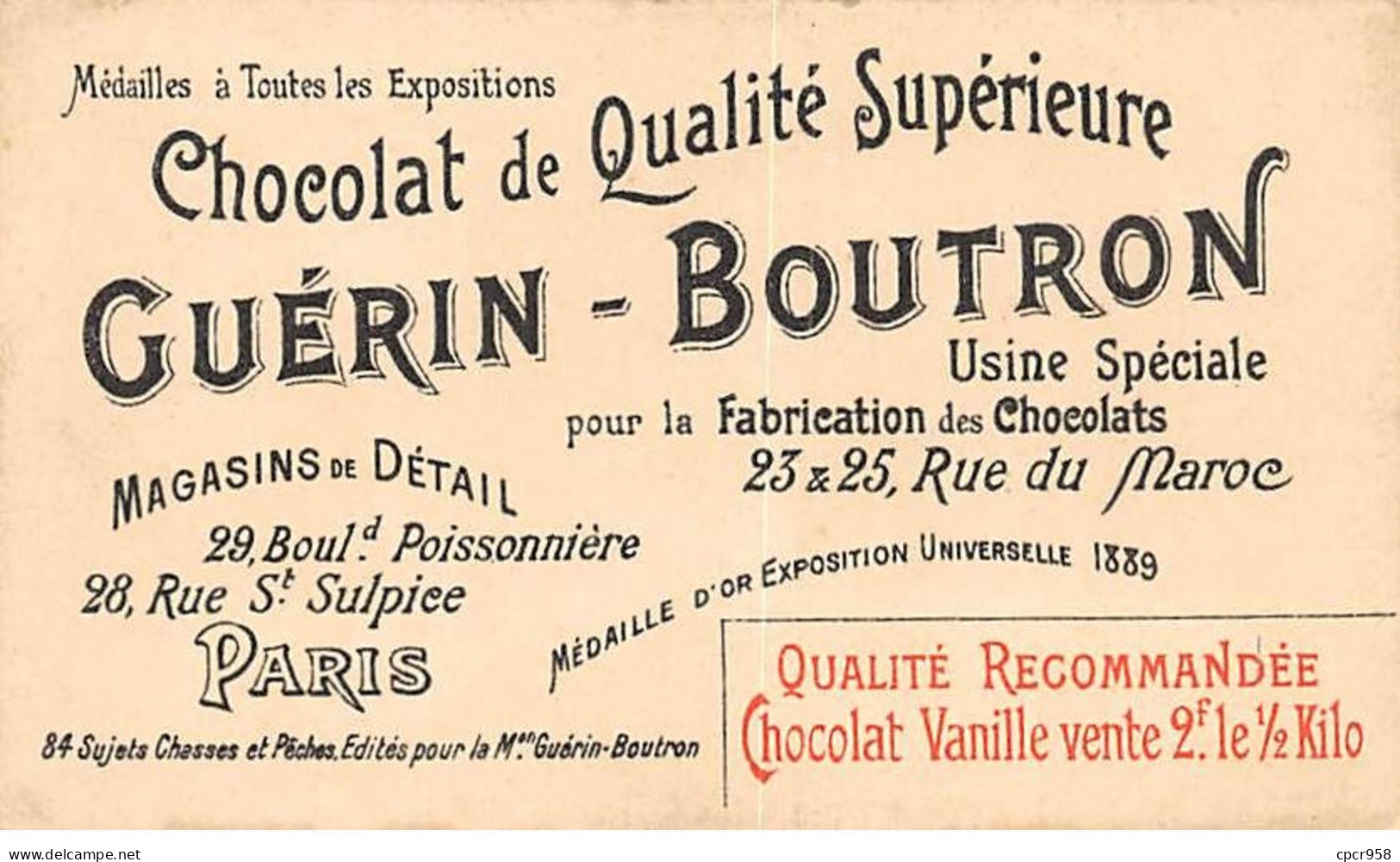 Chromos -COR10582 - Chocolat Guérin-Boutron- Chasses Et Pêches-Panthère- Algérie - Chasseurs  - 6x10 Cm Env. - Guerin Boutron