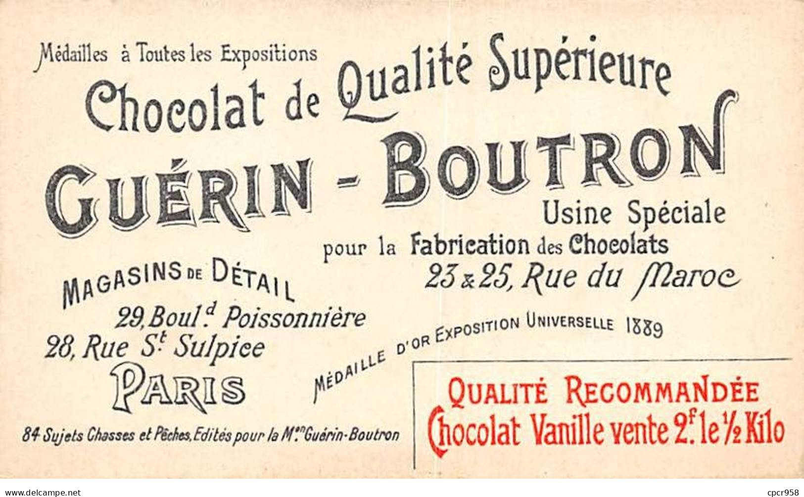 Chromos -COR10579 - Chocolat Guérin-Boutron- Chasses Et Pêches-Canards Sauvages- Chasseur  - 6x10 Cm Env. - Guérin-Boutron