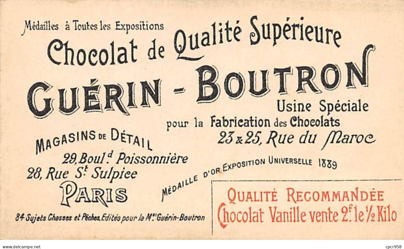 Chromos -COR10576 - Chocolat Guérin-Boutron- Chasses Et Pêches-Outarde- Faucon - Chasseurs  - 6x10 Cm Env. - Guerin Boutron