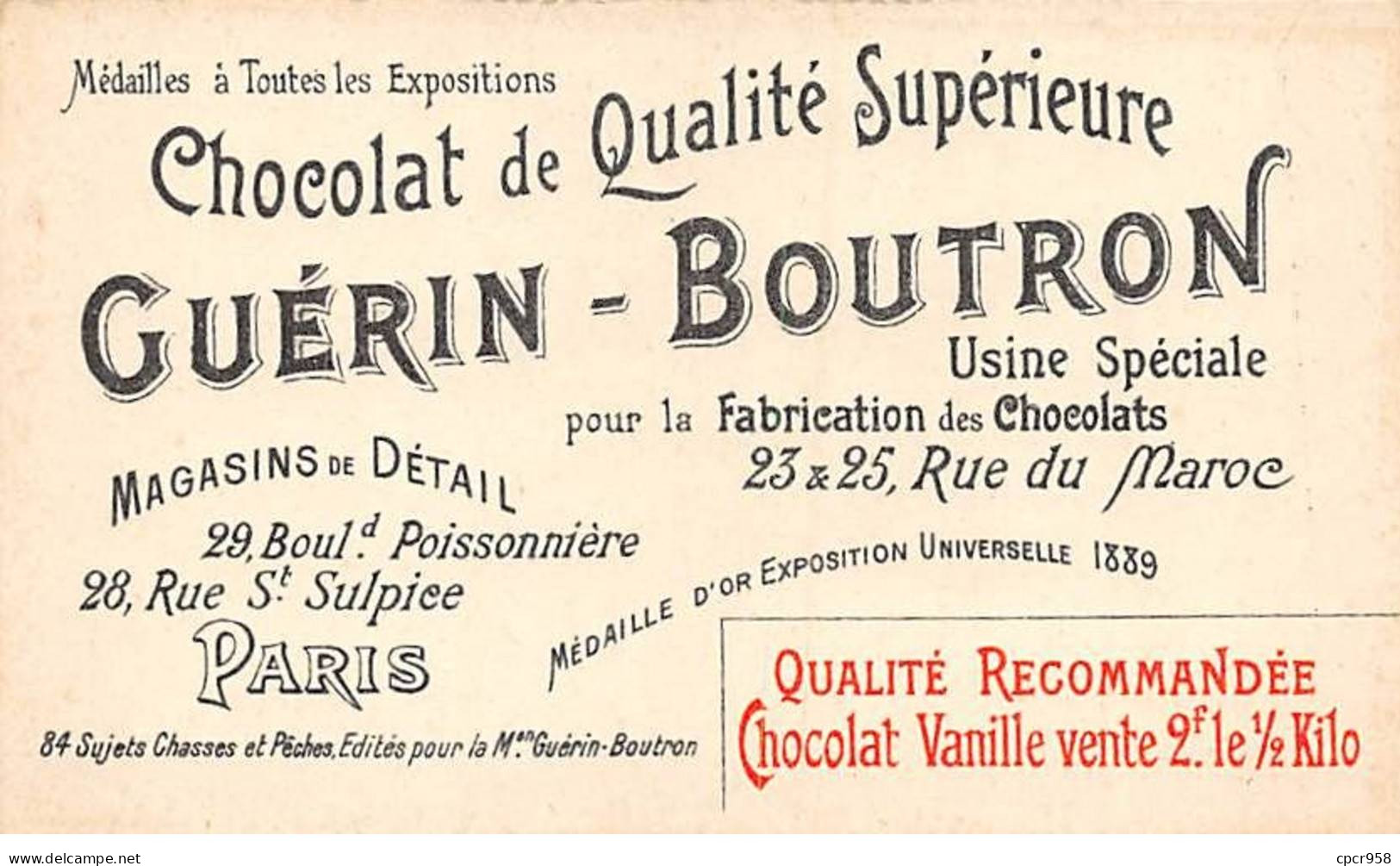 Chromos -COR10573 - Chocolat Guérin-Boutron- Chasses Et Pêches-Grouses - Chasseurs  - 6x10 Cm Env. - Guerin Boutron