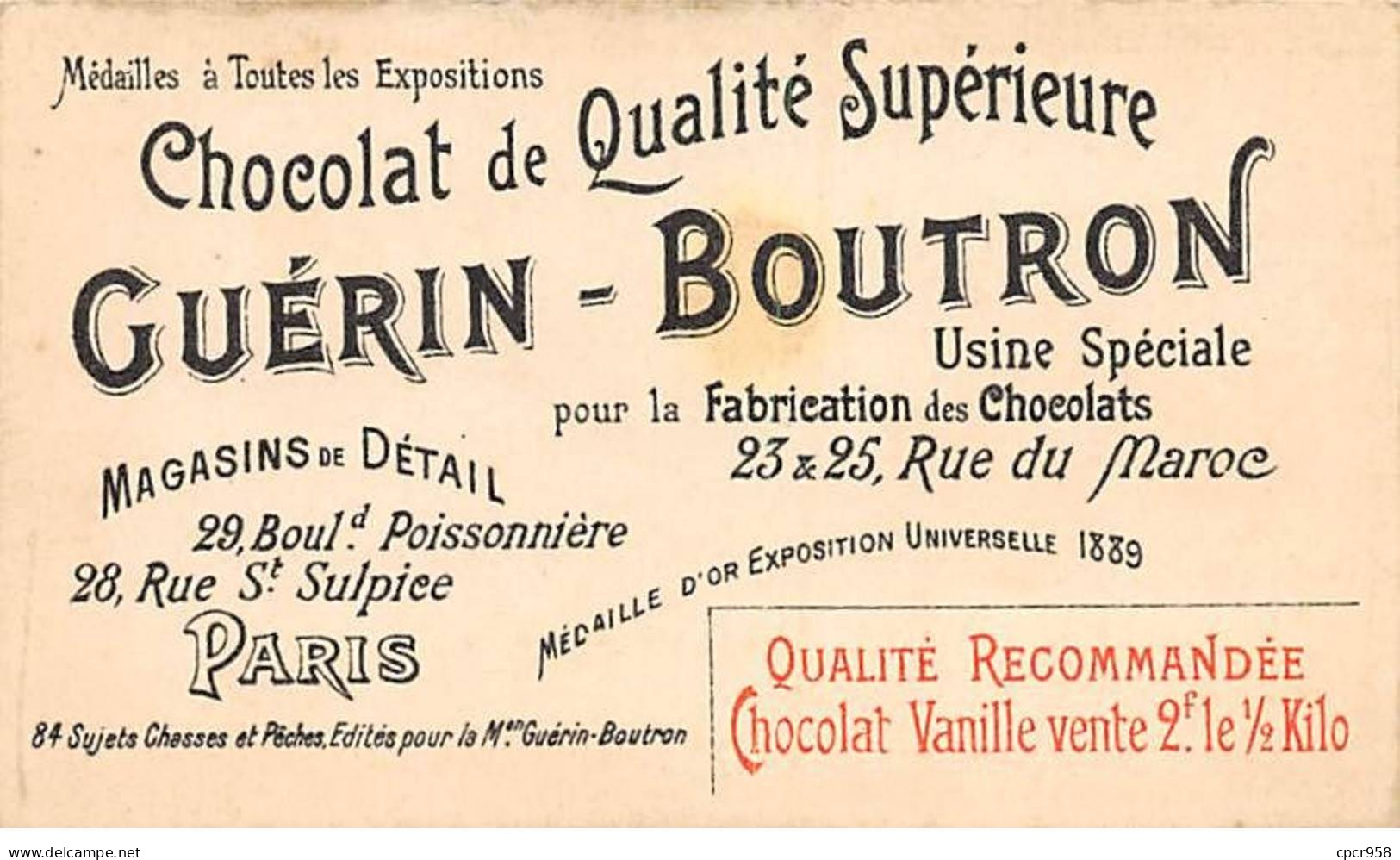 Chromos -COR10575 - Chocolat Guérin-Boutron- Chasses Et Pêches-Chat Sauvage- Chiens - Chasseurs  - 6x10 Cm Env. - Guérin-Boutron