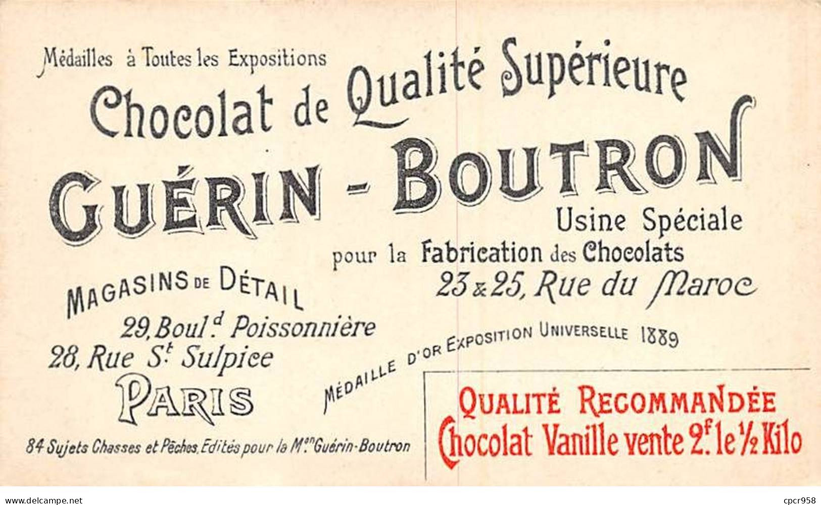 Chromos -COR10569 - Chocolat Guérin-Boutron- Chasses Et Pêches- Outarde- Faucon - Chasseur - 6x10 Cm Env. - Guérin-Boutron