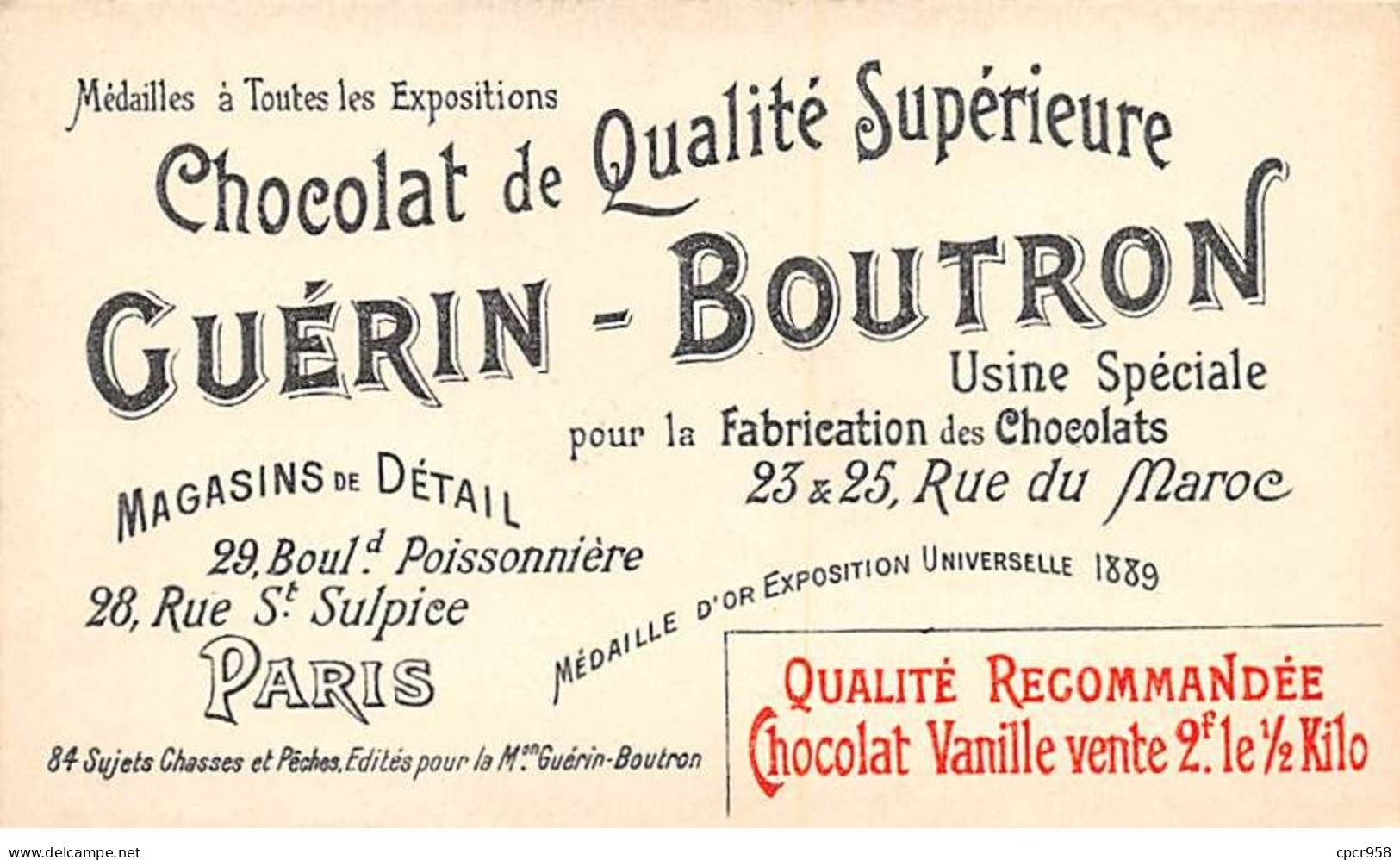 Chromos -COR10562 - Chocolat Guérin-Boutron- Chasses Et Pêches-Bouquetin- Chasseur - 6x10 Cm Env. - Guerin Boutron