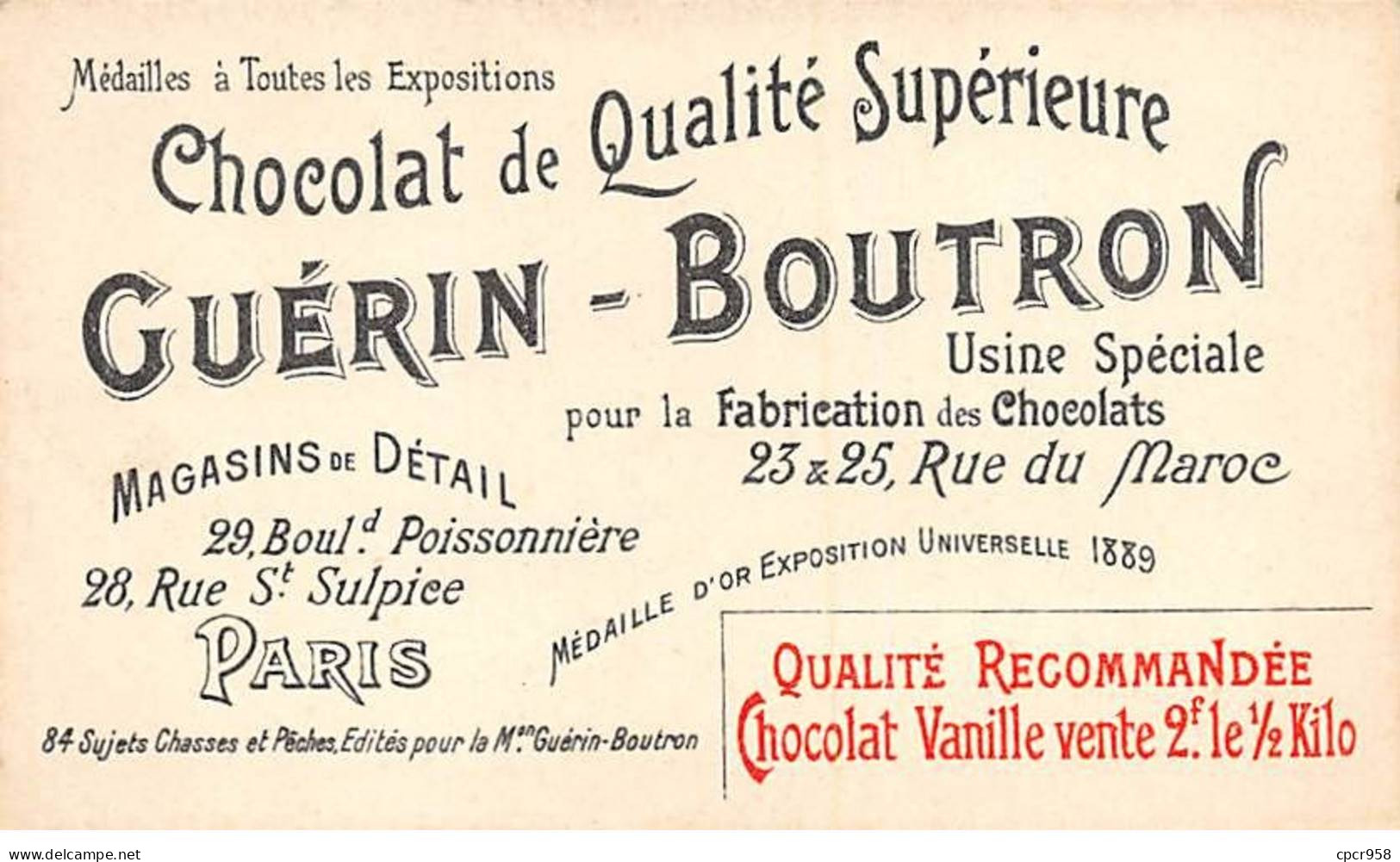 Chromos -COR10560 - Chocolat Guérin-Boutron- Chasses Et Pêches-Bécasse- Chasseur - 6x10 Cm Env. - Guerin Boutron