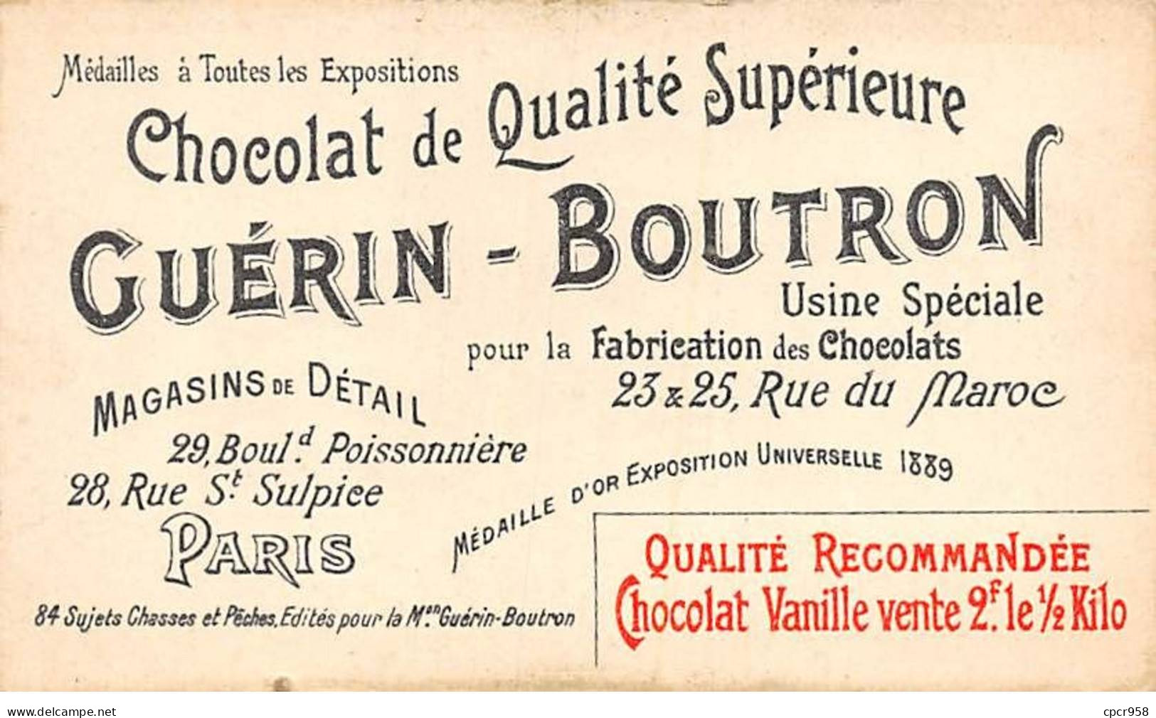 Chromos -COR10558 - Chocolat Guérin-Boutron- Chasses Et Pêches-Cerf- Panneau- Chasseurs  - 6x10 Cm Env. - Guérin-Boutron