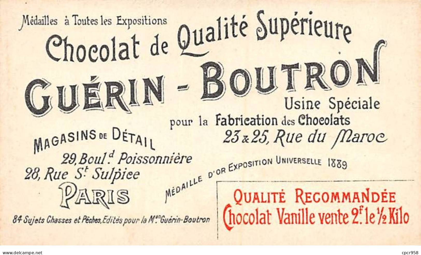 Chromos -COR10545 - Chocolat Guérin-Boutron- Chasses Et Pêches- A La Loutre - 6x10 Cm Env. - Guerin Boutron
