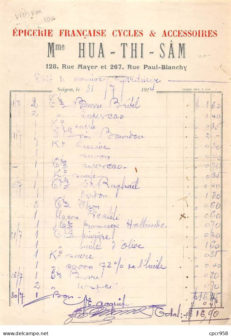 Facture.AM20070.Vietnam.Saigon.1924.Hua Thi Sam.Epicerie Française Cycles Et Accessoires - Andere & Zonder Classificatie