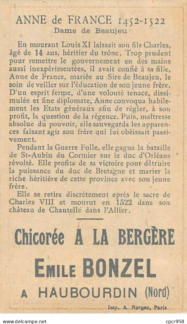 Chromos -COR10482 - Chicorée à La Bergère - Les Françaises Célèbres - Anne De Beaujeu - 6x10 Cm Environ - Thé & Café