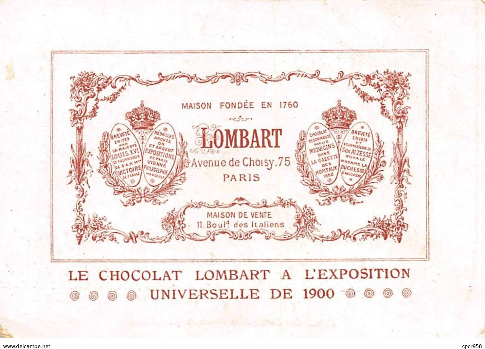 Chromos -COR12476 - Chocolat Lombart - Palais Des Industries Diverses - Invalides - 13x9cm Env. - Lombart