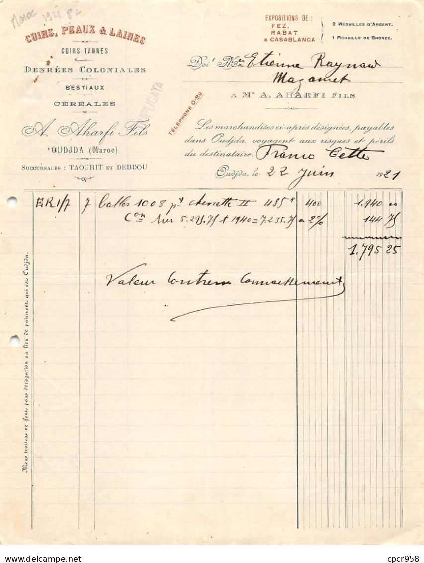 Facture.AM20056.Maroc.Oudjda.1921.A Aharfi Fils.Cuir.Peau.Laine.Cuir Tanné.Denrée Coloniale.bestiaux.Céréale - Otros & Sin Clasificación