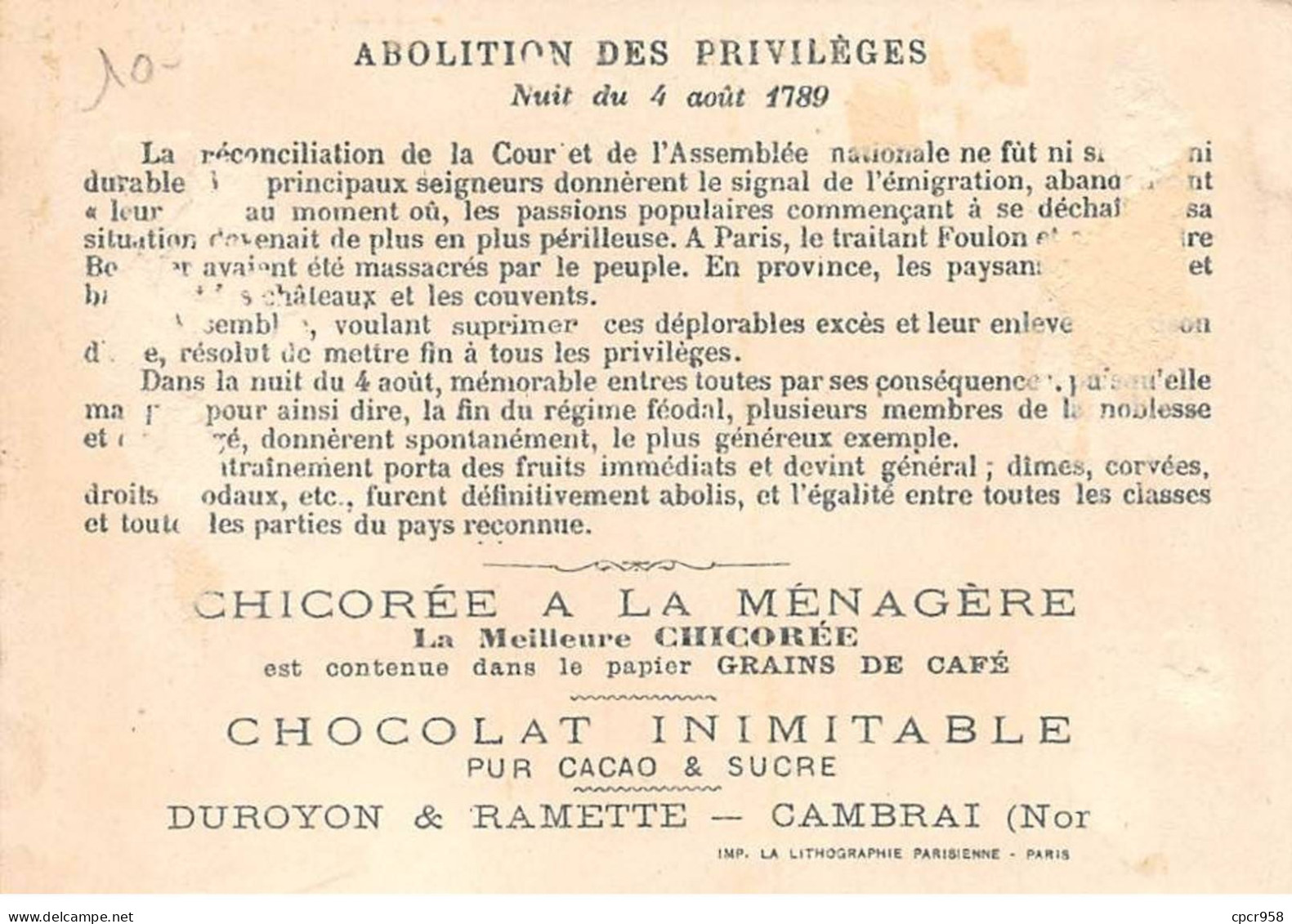 Chromos -COR12441 - Chicorée à La Ménagère - Abolition Des Privilèges - Hommes - 8x12cm Env. - Thee & Koffie