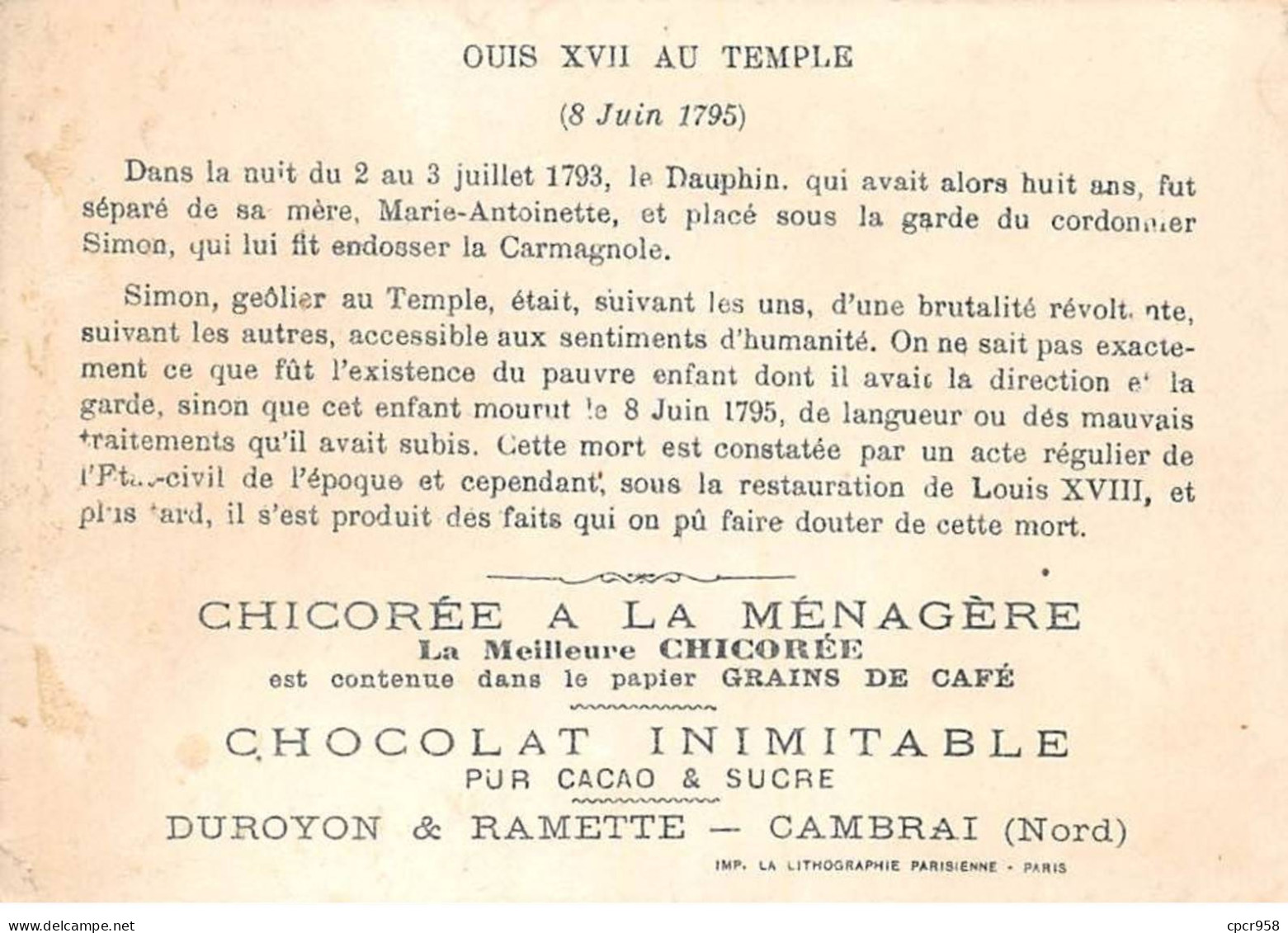 Chromos -COR12434 - Chicorée à La Ménagère - Mort De Louis XVII - Hommes - Femmes - 8x12cm Env. - Té & Café