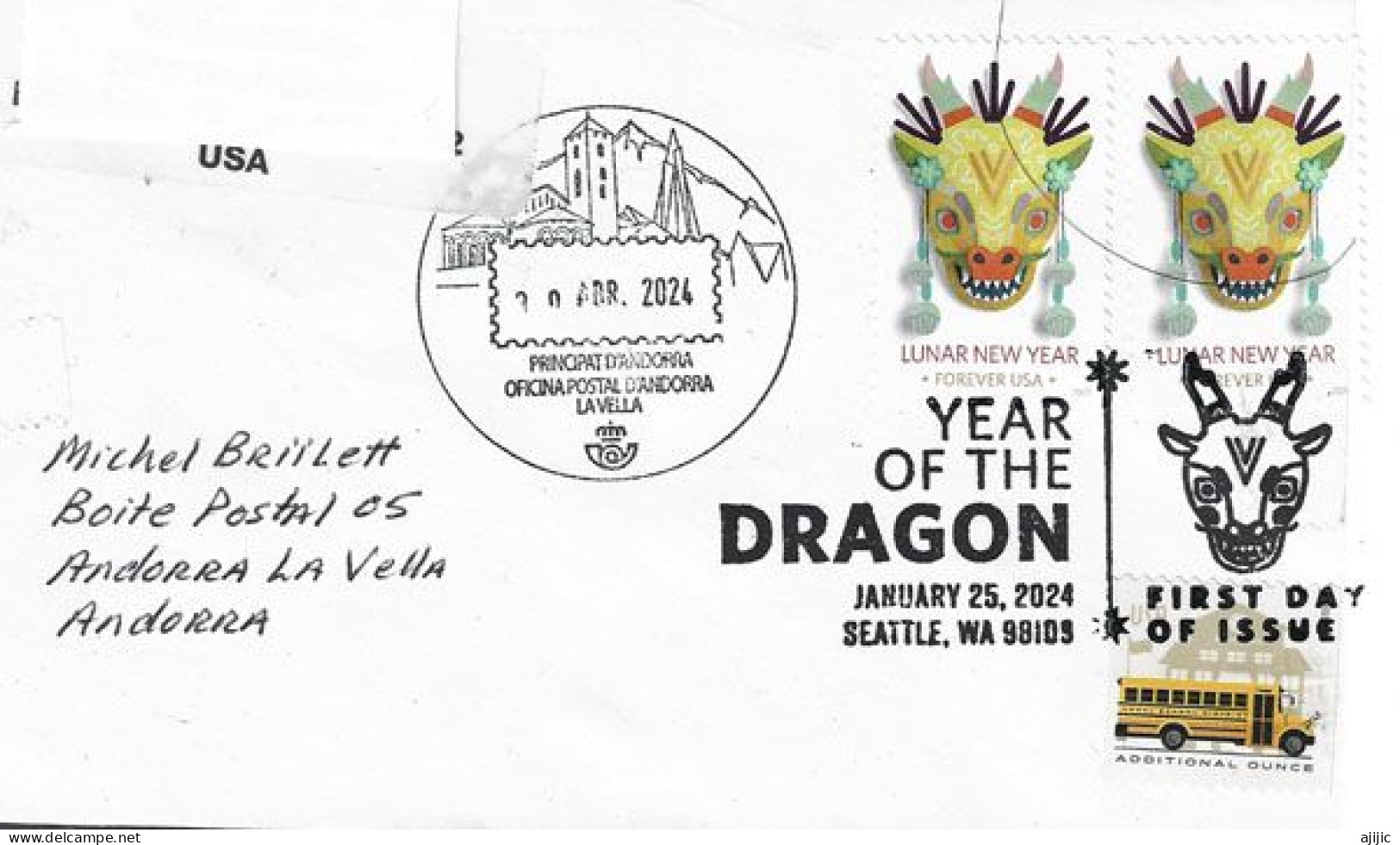2024. YEAR OF THE DRAGON , Letter From The Seattle Chinatown District, To Andorra, With Local Arrival Postmark - Lettres & Documents