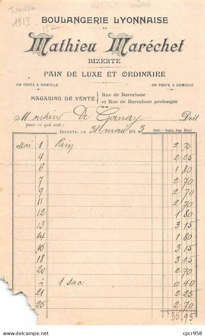 Facture.AM20468.Tunisie.Bizerte.1913.Mathieu Maréchet.Boulangerie Lyonnaise.Pain De Luxe Et Extraordinaire - Autres & Non Classés
