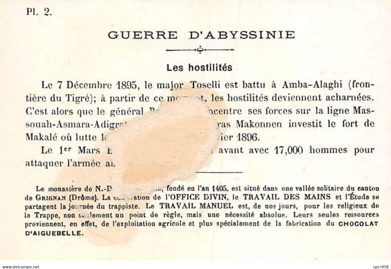 Chromos - COR14011 - Chocolaterie D'Aiguebelle - Guerre D'Abyssinie -Hommes - Cheval - 10x6 Cm Environ - En L'état - Aiguebelle