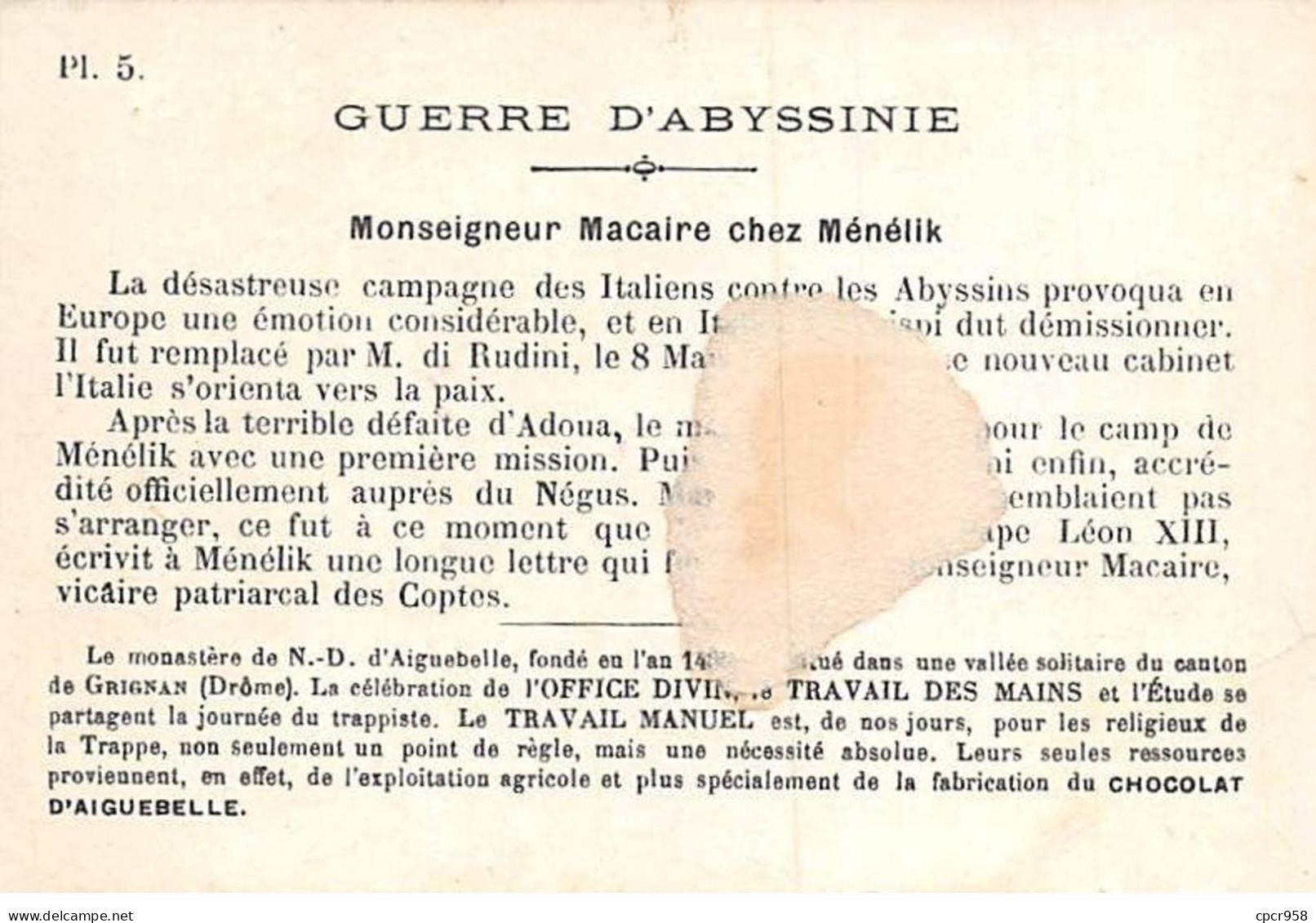 Chromos - COR14013 - Chocolaterie D'Aiguebelle - Guerre D'Abyssinie -Ménélik - Mme Macaire - 10x6 Cm  - En L'état - Aiguebelle