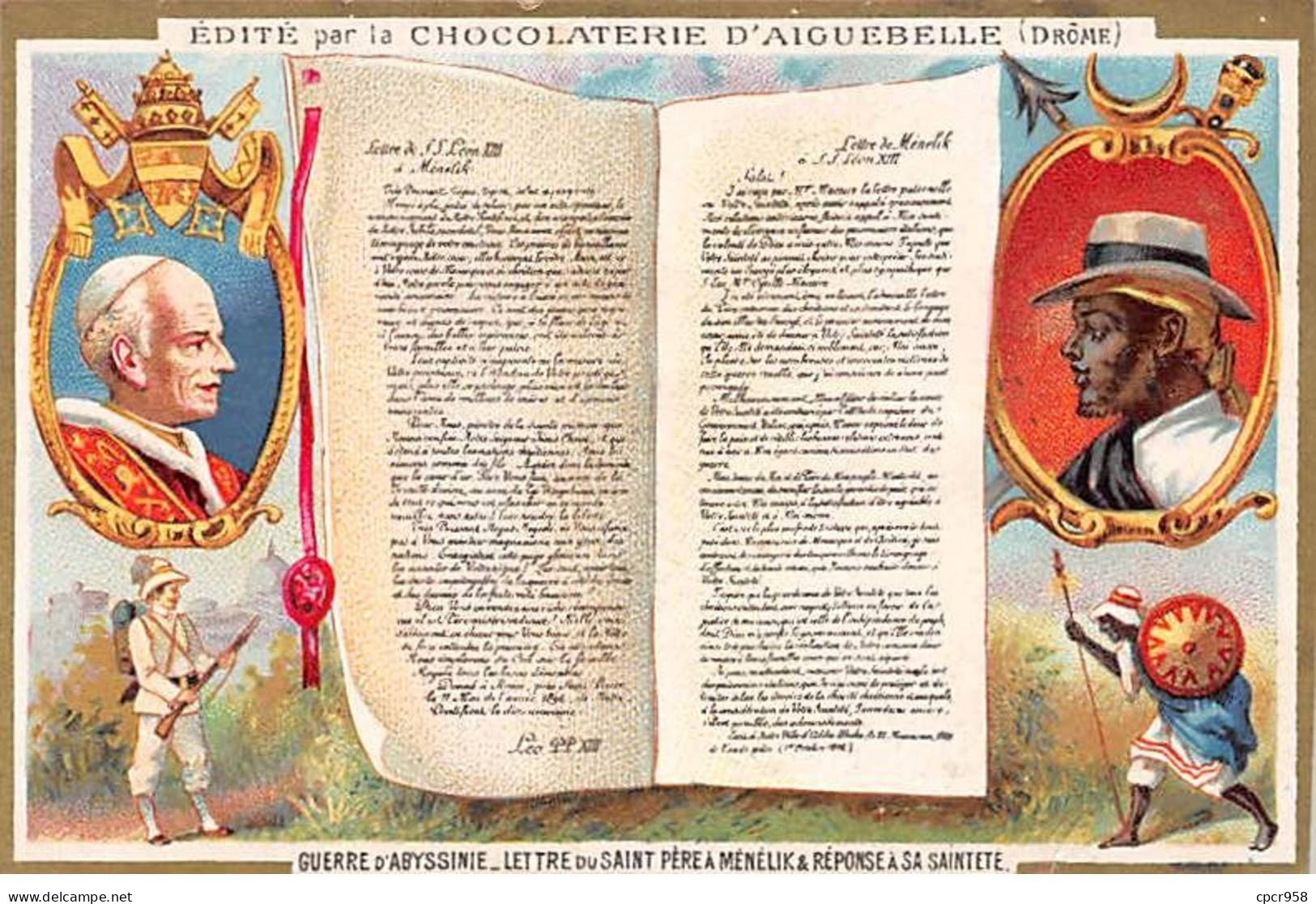 Chromos - COR14009 - Chocolaterie D'Aiguebelle - Guerre D'Abyssinie -Lettre - Négus Ménélik- 10x6 Cm  - En L'état - Aiguebelle