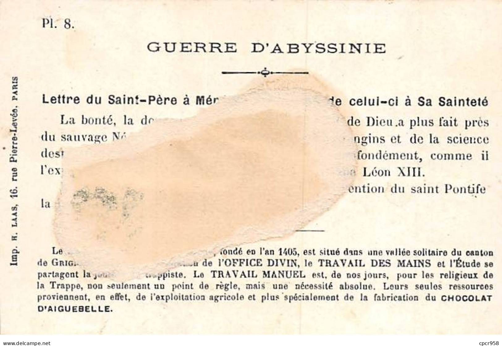 Chromos - COR14009 - Chocolaterie D'Aiguebelle - Guerre D'Abyssinie -Lettre - Négus Ménélik- 10x6 Cm  - En L'état - Aiguebelle