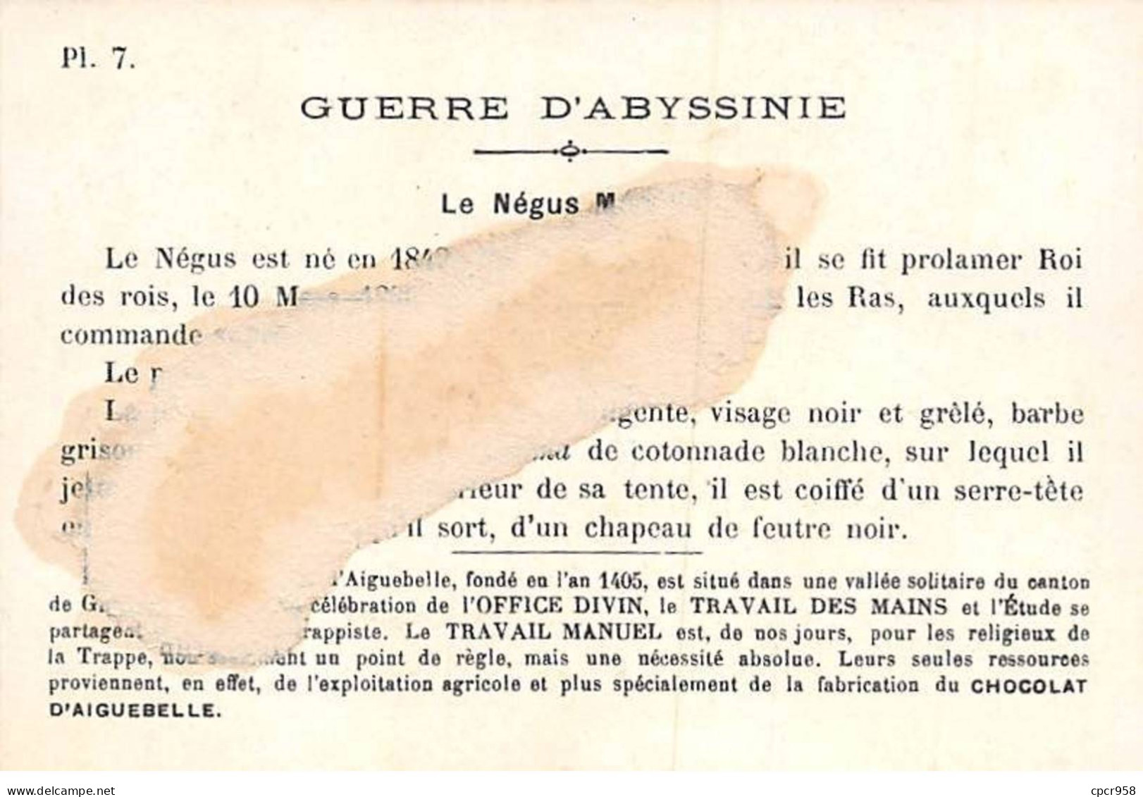 Chromos - COR14008 - Chocolaterie D'Aiguebelle - Guerre D'Abyssinie -Hommes - Négus Ménélik- 10x6 Cm  - En L'état - Aiguebelle