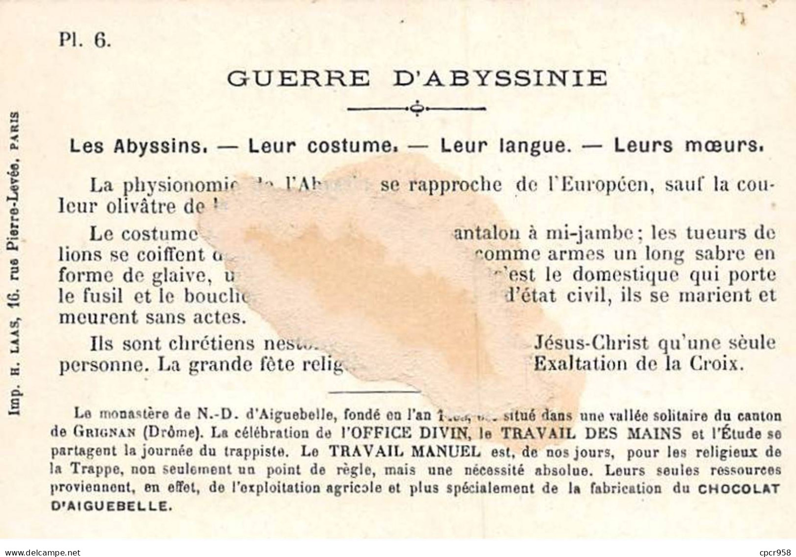 Chromos - COR14012 - Chocolaterie D'Aiguebelle - Guerre D'Abyssinie -Hommes - Costumes - 10x6 Cm Environ - En L'état - Aiguebelle