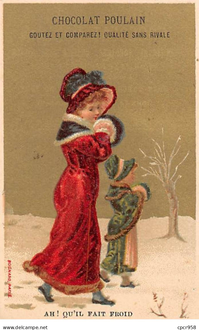 Chromos - COR14090 - Chocolat Poulain - Femmes - Arbre - Neige - Fond Or - 10x6 Cm Environ - En L'état - Poulain