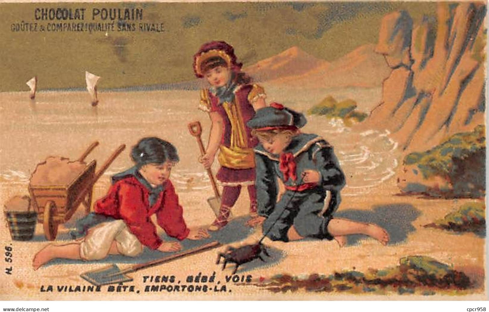 Chromos - COR14189 - Chocolat Poulain - Garçons - Fille - Plage - Fond Or - 10x6 Cm Environ - En L'état - Poulain