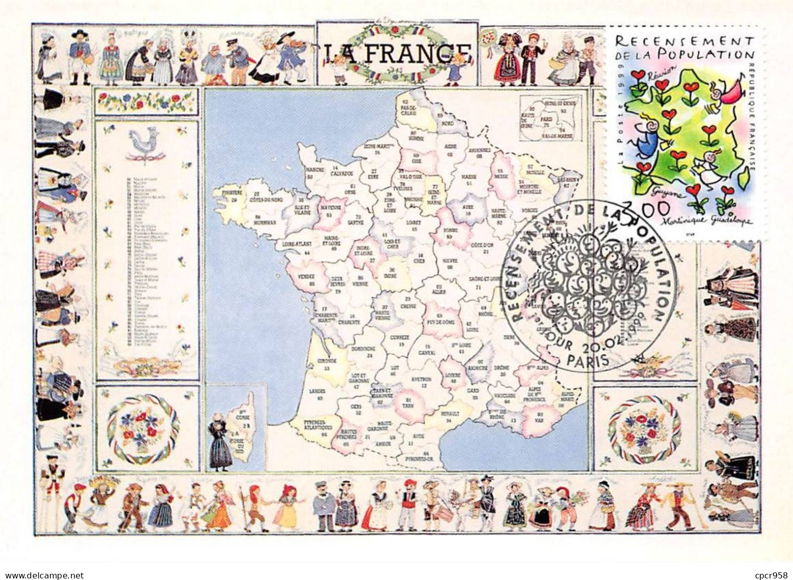 Carte Maximum - FRANCE - COR12830 - 20/02/1999 - Recensement De La Population De La France - Cachet Paris - 1990-1999