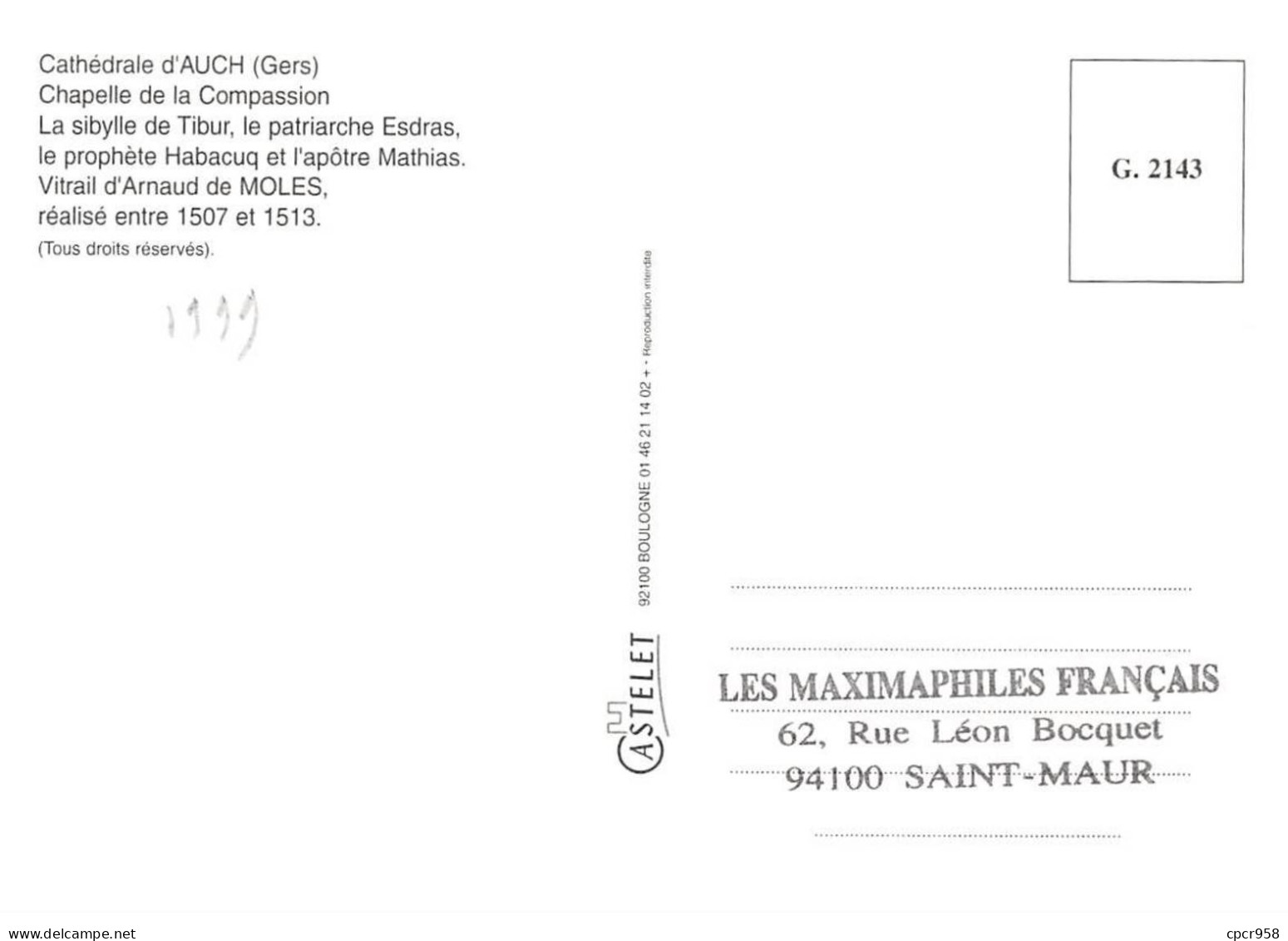 Carte Maximum - FRANCE - COR12871 - 19/06/1999 - Cathédrale D'Auch - Cachet Auch - 1990-1999