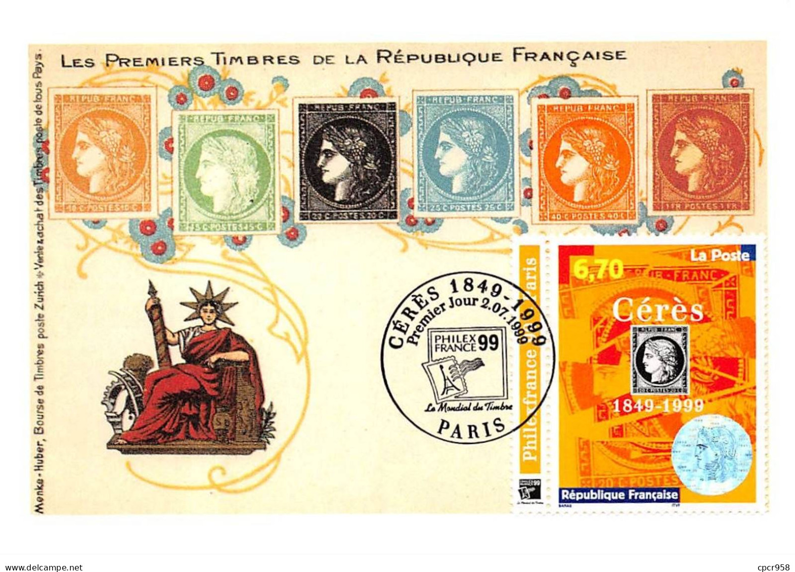 Carte Maximum - FRANCE - COR12875 - 02/07/1999 - Les Premiers Timbres De La République Française - Cachet Paris - 1990-1999