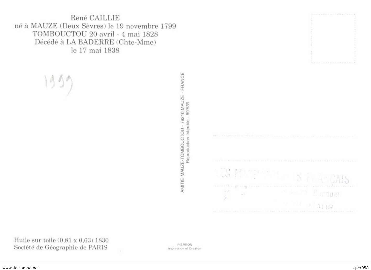 Carte Maximum - FRANCE - COR12879 - 26/06/1999 - René Caillié - Cachet Mauzé Sur Le Mignon - 1990-1999