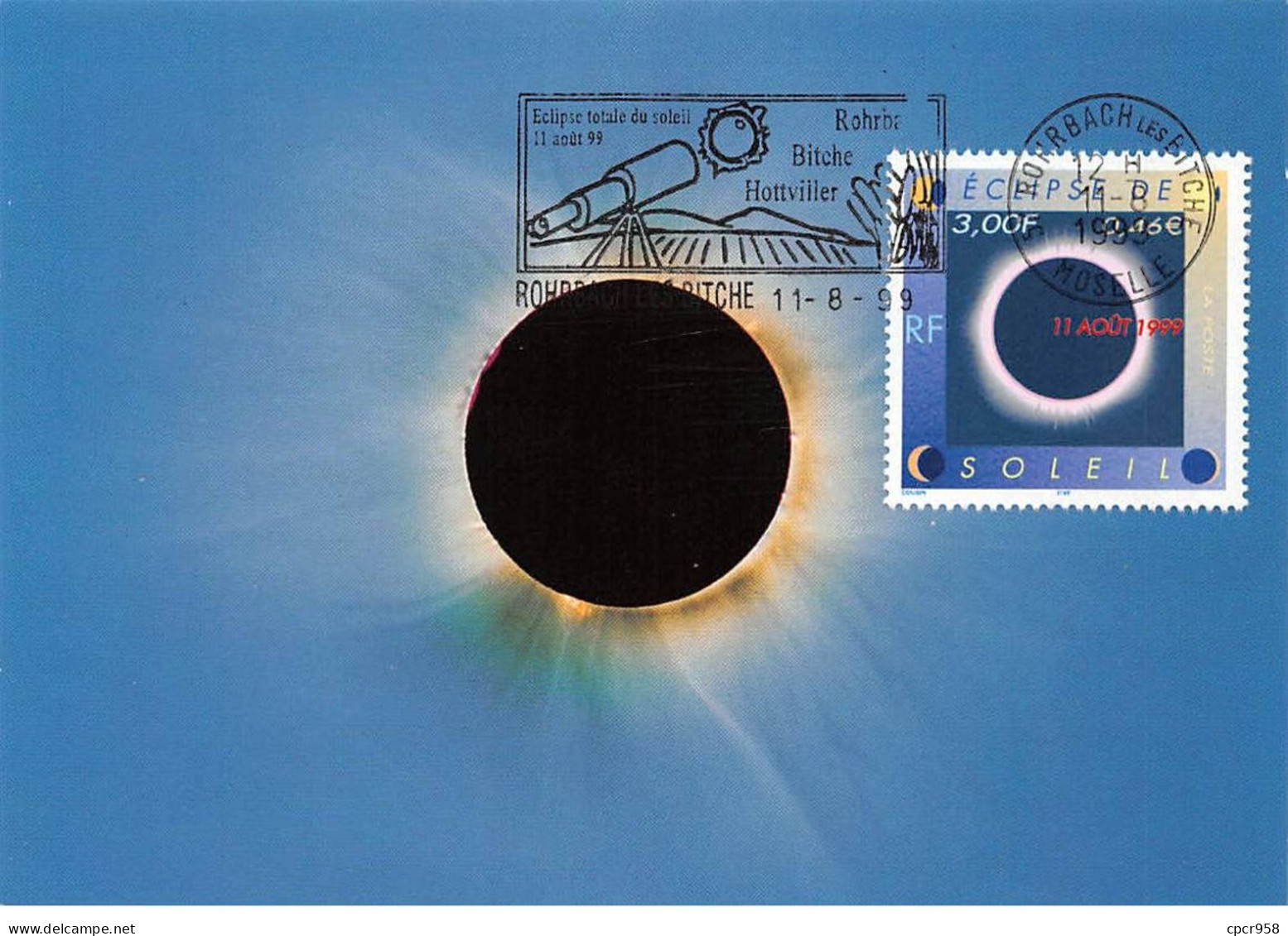 Carte Maximum - FRANCE - COR12897 - 14/08/1999 - Eclipse Totale Du Soleil -  Cachet Rohrbach Les Bitche - 1990-1999