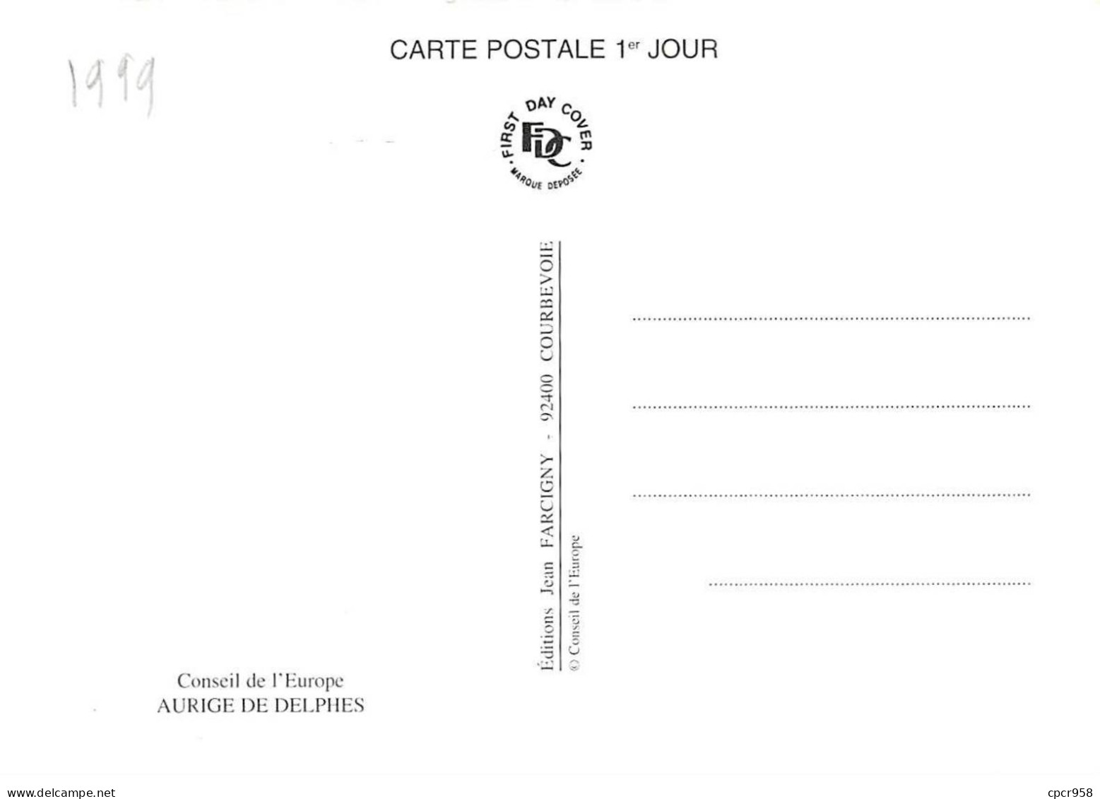 Carte Maximum - FRANCE - COR12907 - 18/09/1999 - Aurige De Delphes - Conseil De L'Europe -  Cachet Strasbourg - 1990-1999