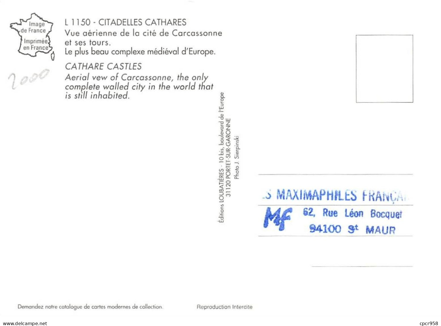 Carte Maximum - FRANCE - COR12914 - 03/03/2000 - Carcassonne -  Cachet Carcassonne - 2000-2009