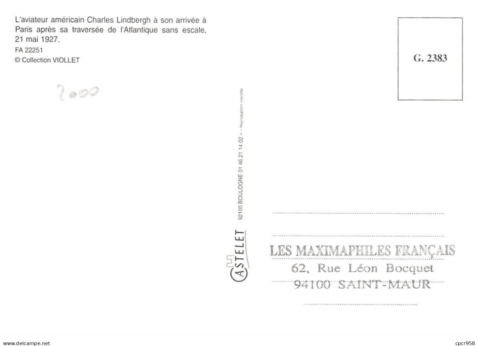 Carte Maximum - FRANCE - COR12926 - 15/04/2000 - Charles Lindberg -  Cachet Paris - 2000-2009