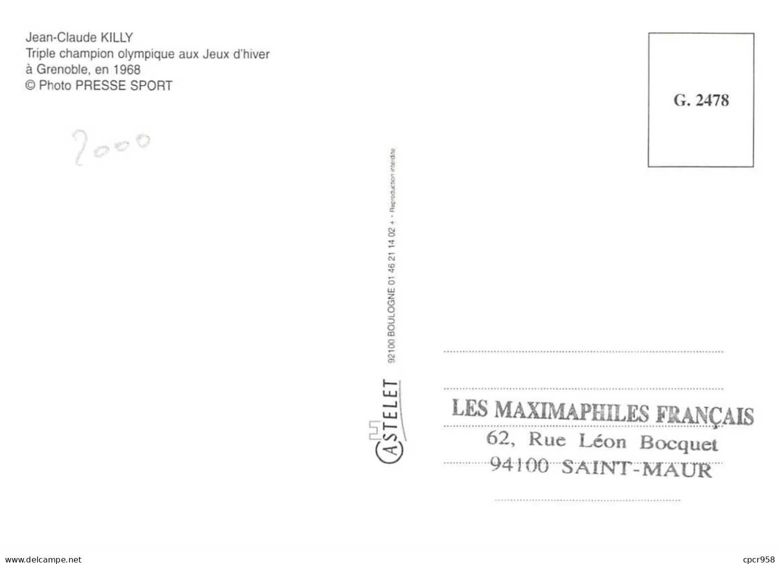 Carte Maximum - FRANCE - COR12932 - 15/04/2000 - Jean-Claude Killy -  Cachet Paris - 2000-2009