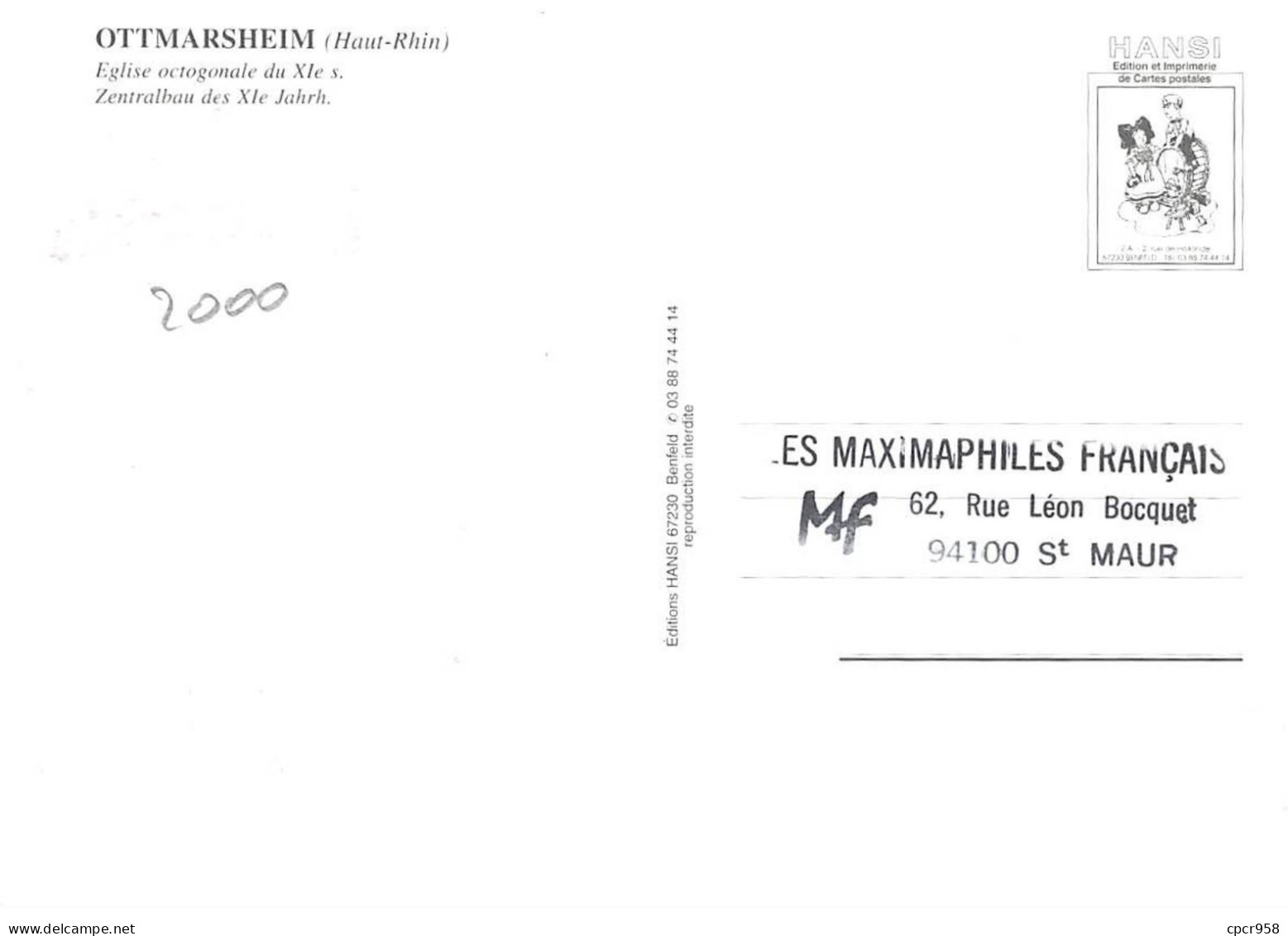 Carte Maximum - FRANCE - COR12928 - 17/06/2000 - Abbatiale D'Ottmarsheim -  Cachet Ottmarsheim - 2000-2009